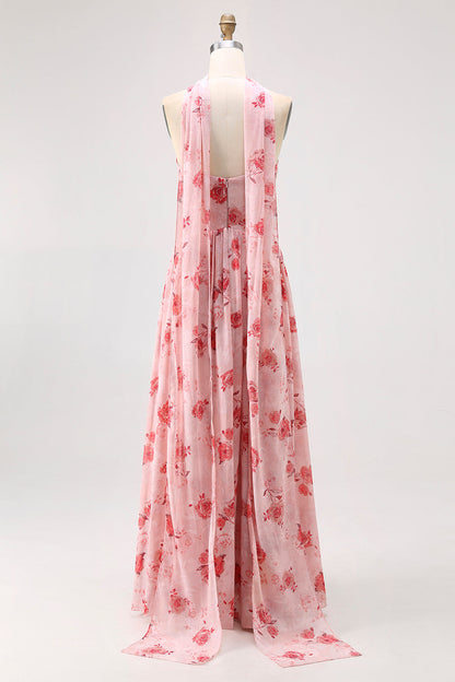 Blue Corset Floral Neck Scarf Long Wedding Guest Dress with Slit