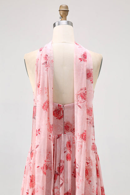 Blue Corset Floral Neck Scarf Long Wedding Guest Dress with Slit
