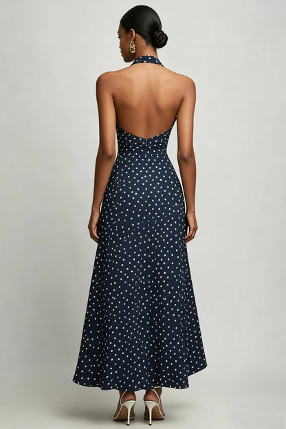 Navy and White Chiffon Halter A Line Boho Maxi Polka Dot Dress with Slit