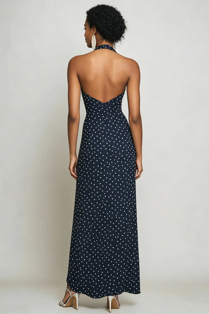 Halter Navy and White Sheath Boho Maxi Chiffon Polka Dot Dress