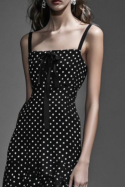 Boho A Line Black and White Maxi Chiffon Polka Dot Dress with Ruffles