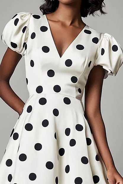 V-Neck Puff Sleeves Black and White Boho Short Satin Polka Dot Dress