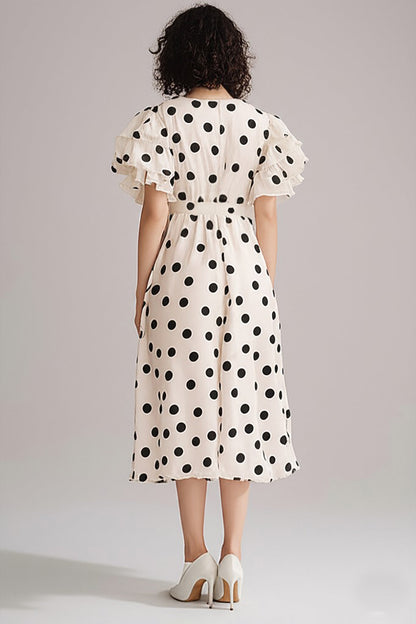 Black and White Chiffon V-Neck A Line Maxi Boho Polka Dot Dress with Ruffles