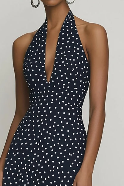 Halter Black and White Maxi Boho Chiffon A Line Polka Dot Dress