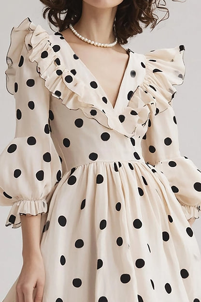 Chiffon V-Neck Black and White Midi Boho Polka Dot Dress with Ruffles