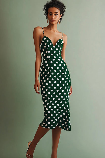 Chiffon Bodycon Green and White Spaghetti Straps Boho Midi Polka Dot Dress