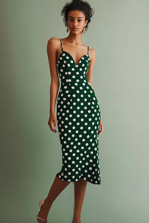 Chiffon Bodycon Green and White Spaghetti Straps Boho Midi Polka Dot Dress