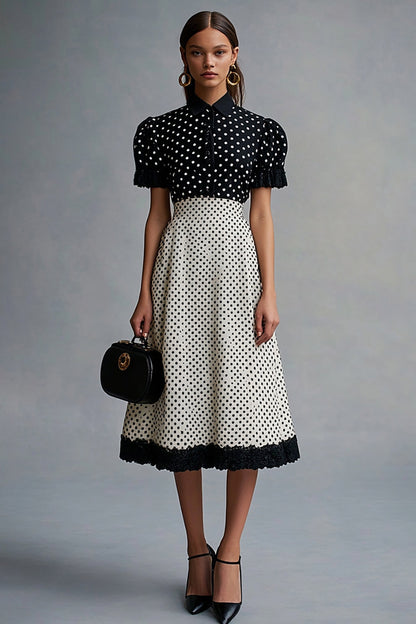 Chiffon Black and White Short Sleeves A Line Midi Polka Dot Dress with Ruffles