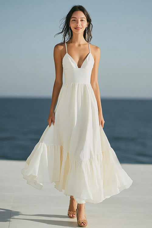 Simple Ivory Spaghetti Straps Beach Maxi Engagement Dress