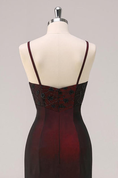 Black Red Sheath Spaghetti Straps Long Formal Dress with Beading