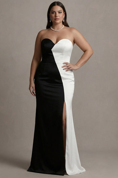 Plus Size Black and White Sheath Sweetheart Long Evening Dresses with Slit
