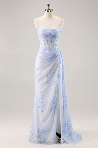 Blue Floral Ruched Corset Long Bridesmaid Dress with Slit