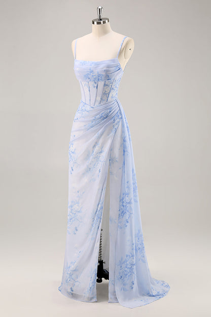 Blue Floral Ruched Corset Long Bridesmaid Dress with Slit