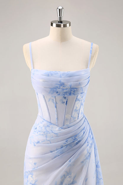 Blue Floral Ruched Corset Long Bridesmaid Dress with Slit