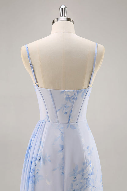 Blue Floral Ruched Corset Long Bridesmaid Dress with Slit