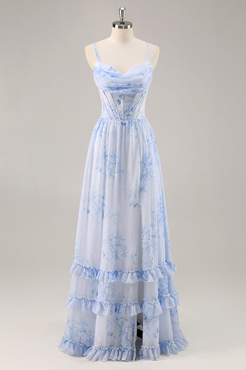 Blue Corset Floral Ruffled Long Bridesmaid Dress with Slit