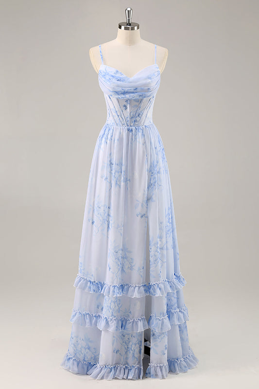 Blue Corset Floral Ruffled Long Bridesmaid Dress with Slit