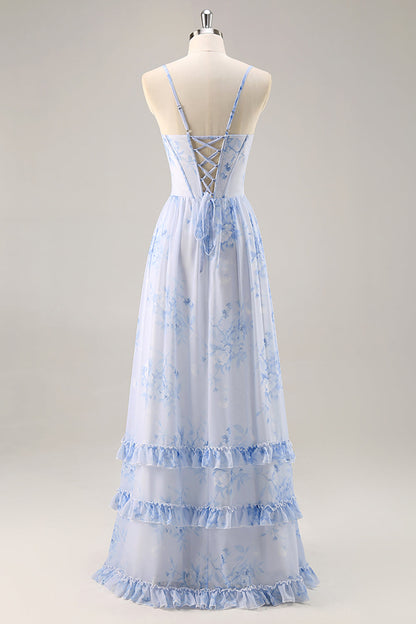 Blue Corset Floral Ruffled Long Bridesmaid Dress with Slit
