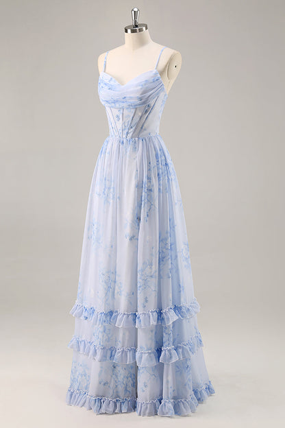 Blue Corset Floral Ruffled Long Bridesmaid Dress with Slit