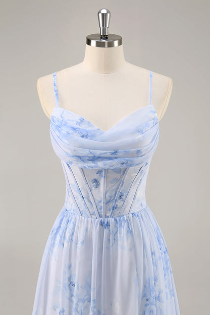 Blue Corset Floral Ruffled Long Bridesmaid Dress with Slit