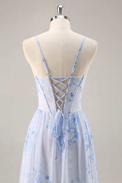 Blue Corset Floral Ruffled Long Bridesmaid Dress with Slit