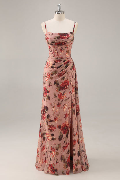 Dusty Rose Corset Chiffon Floral Ruched Bridesmaid Dress with Slit