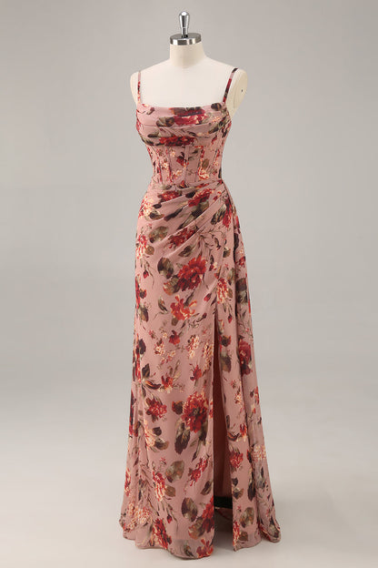 Dusty Rose Corset Chiffon Floral Ruched Bridesmaid Dress with Slit