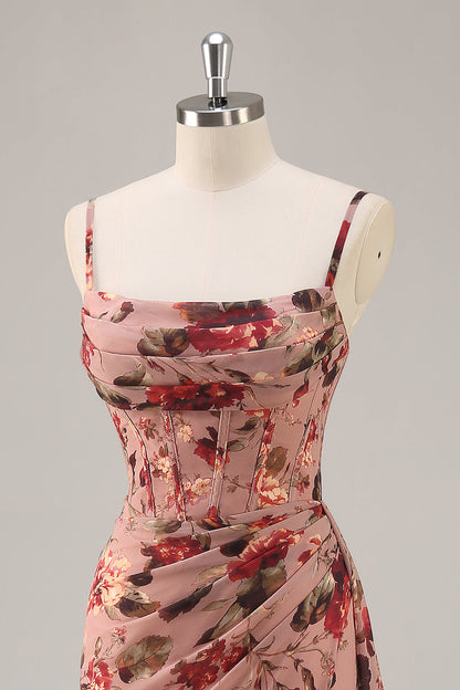 Dusty Rose Corset Chiffon Floral Ruched Bridesmaid Dress with Slit