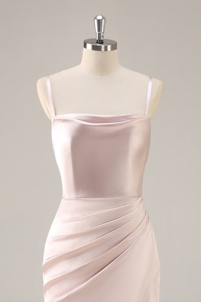 Candy Pink Mermaid Ruched Satin Long Bridesmaid Dress with Slit