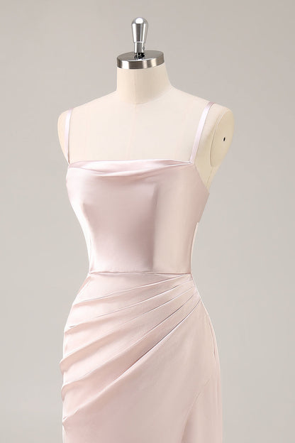 Candy Pink Mermaid Ruched Satin Long Bridesmaid Dress with Slit