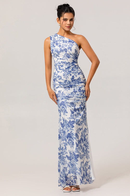White Blue Floral One Shoulder Long Bridesmaid Dress with Slit