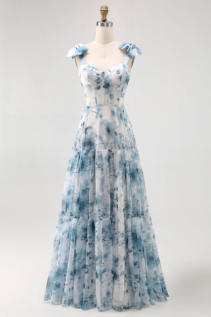 Blue A Line Floral Chiffon Long Bridesmaid Dress