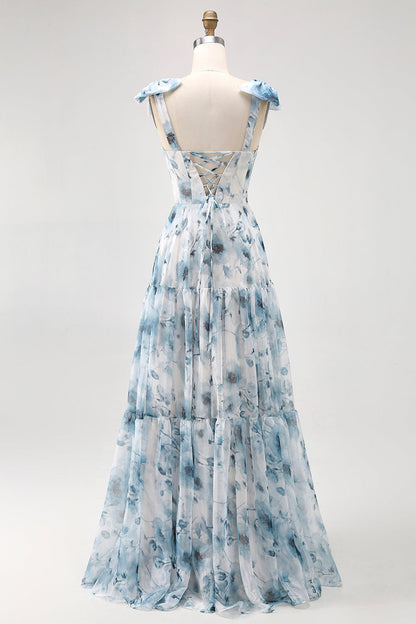 Blue A Line Floral Chiffon Long Bridesmaid Dress