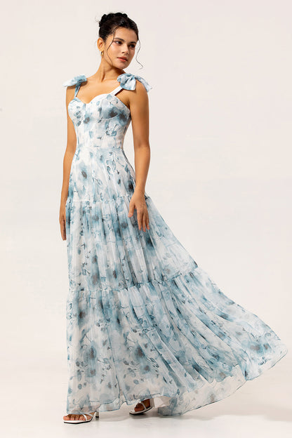 Blue A Line Floral Chiffon Long Bridesmaid Dress