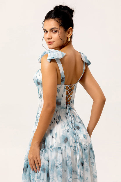 Blue A Line Floral Chiffon Long Bridesmaid Dress