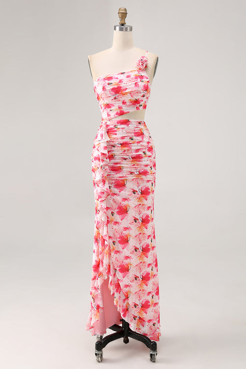 Pink Flower Cut Out Ruffled One Shoulder Long Bridesmaid Dress with Slit