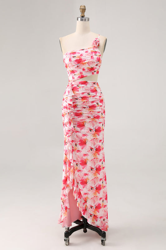 Pink Flower Cut Out Ruffled One Shoulder Long Bridesmaid Dress with Slit