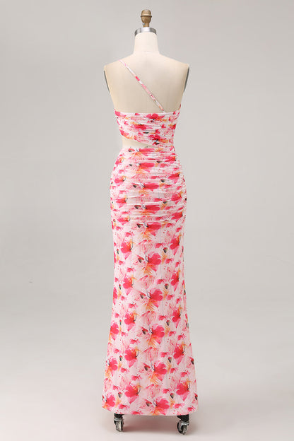 Pink Flower Cut Out Ruffled One Shoulder Long Bridesmaid Dress with Slit