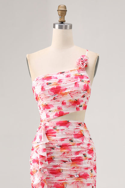 Pink Flower Cut Out Ruffled One Shoulder Long Bridesmaid Dress with Slit