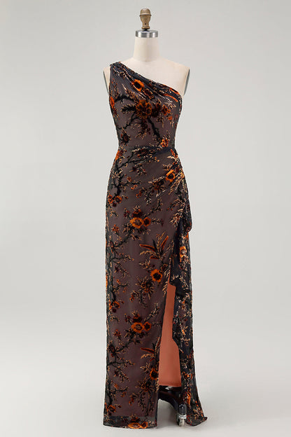 Black Floral Burnout Long Wedding Guest Dress with Slit