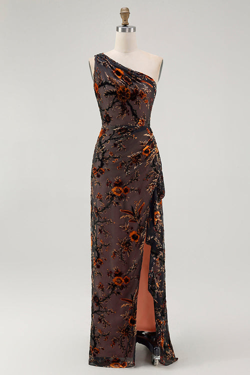 Black Floral Burnout Long Wedding Guest Dress with Slit