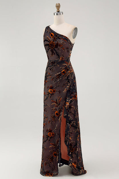 Black Floral Burnout Long Wedding Guest Dress with Slit