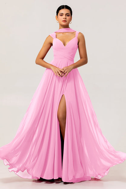 Fuchsia A Line Chiffon Long Bridesmaid Dress with Slit