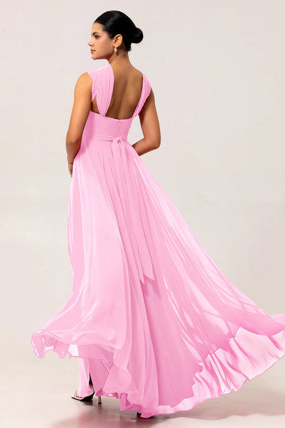 Fuchsia A Line Chiffon Long Bridesmaid Dress with Slit