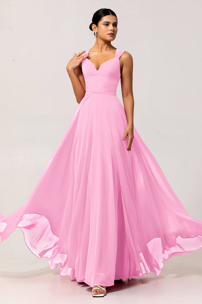 Fuchsia A Line Chiffon Long Bridesmaid Dress with Slit