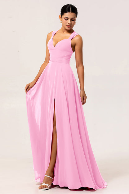 Fuchsia A Line Chiffon Long Bridesmaid Dress with Slit