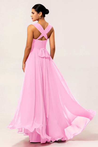 Fuchsia A Line Chiffon Long Bridesmaid Dress with Slit