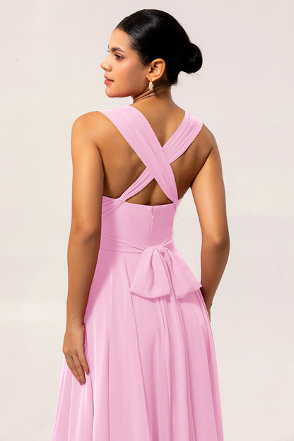 Fuchsia A Line Chiffon Long Bridesmaid Dress with Slit