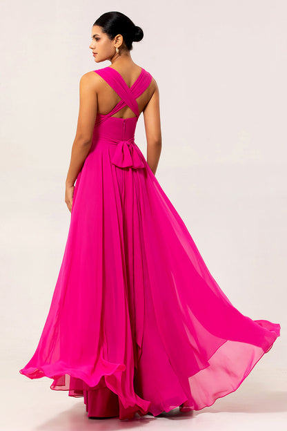 Fuchsia A Line Chiffon Long Bridesmaid Dress with Slit