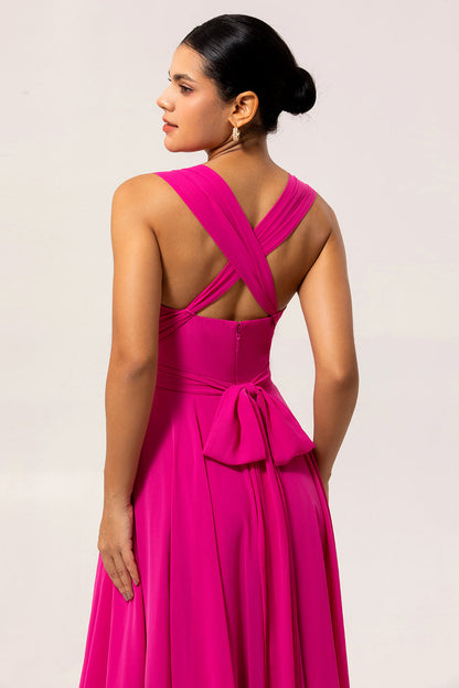 Fuchsia A Line Chiffon Long Bridesmaid Dress with Slit